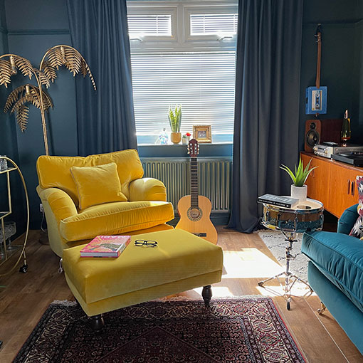 Alwinton Chair & Footstool in Linwood Omega Velvet Canary